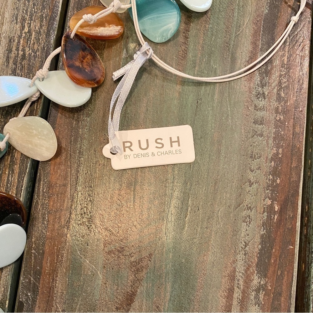 RUSH NWT By Denis & Charles Long Necklace Beachy Plastic Beaded Blues Browns - Picture 2 of 4